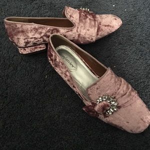 Crushed Pink Velvet Loafers with Rhinestone Buckle